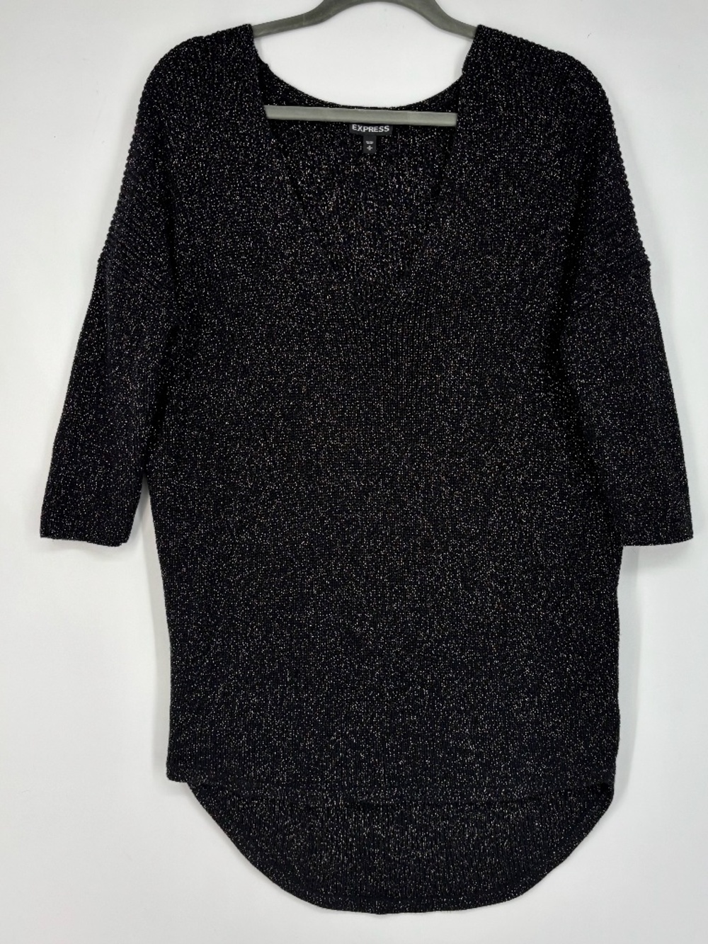 Express Womens Medium Pullover Sweater Black Gold Metallic V-Neck 3/4 Sleeve